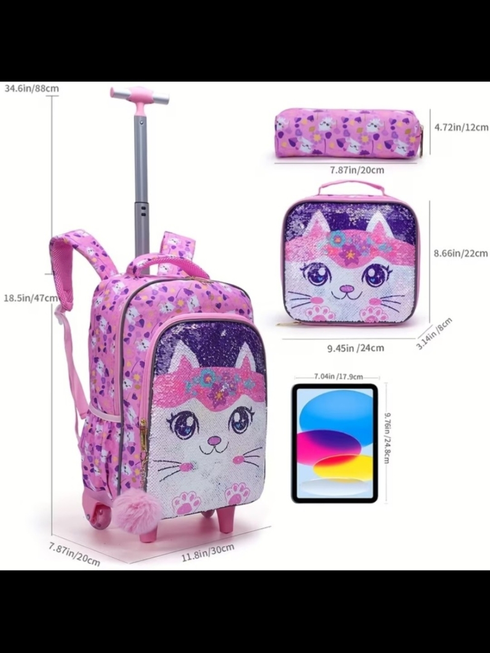 3pc Girls Rolling Backpack Set - Flip Sequin Cat School Bag, Lunch Box & Pencil - Picture 15 of 17